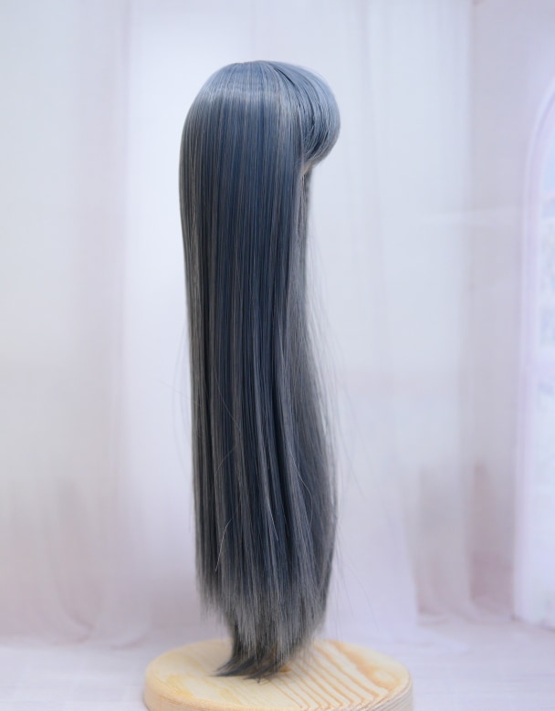 【6インチ】 耐熱 ドール用ウィッグ ストレートロング 細三つ編み2本付 / 青灰