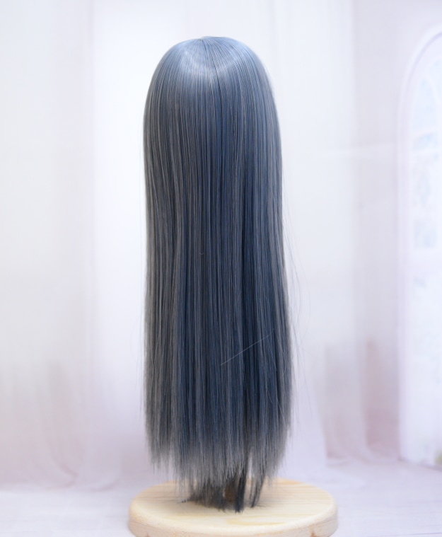 【6インチ】 耐熱 ドール用ウィッグ ストレートロング 細三つ編み2本付 / 青灰