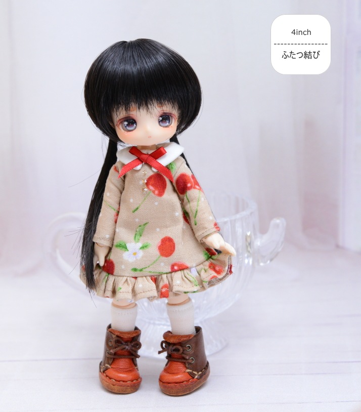 【4インチ】　耐熱 ドール用ウィッグ ふたつむすび　チャコールブラック