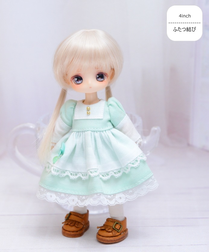 【4インチ】　耐熱 ドール用ウィッグ ふたつむすび　シェルピンク