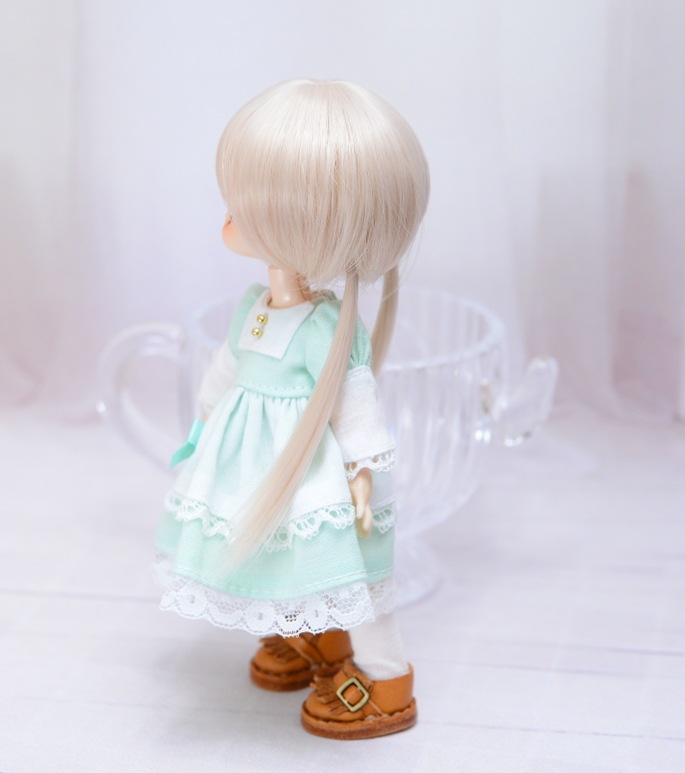 【4インチ】　耐熱 ドール用ウィッグ ふたつむすび　シェルピンク