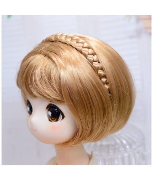 【9~10インチ】 ドール用ウィッグ 三つ編みカチューシャ ショートボブ 人造モヘア <ハニーゴールド>