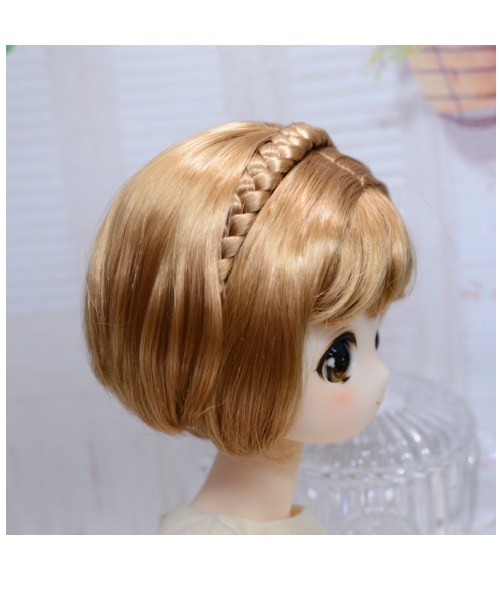 【9~10インチ】 ドール用ウィッグ 三つ編みカチューシャ ショートボブ 人造モヘア <ハニーゴールド>