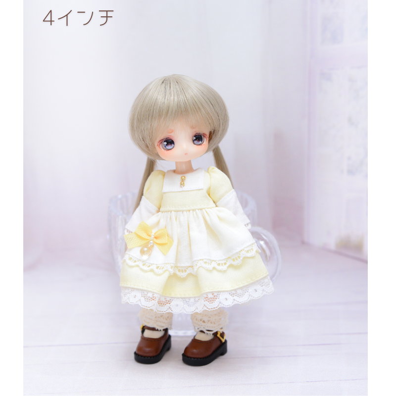 【4インチ】　耐熱 ドール用ウィッグ ふたつむすび　ソフトグレージュ