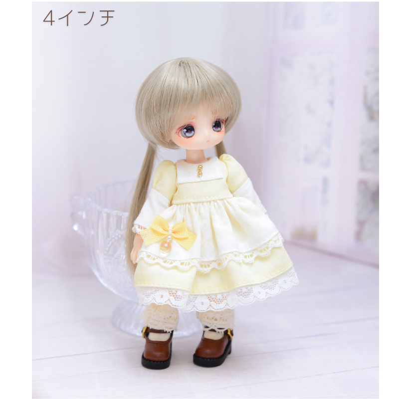 【4インチ】　耐熱 ドール用ウィッグ ふたつむすび　ソフトグレージュ