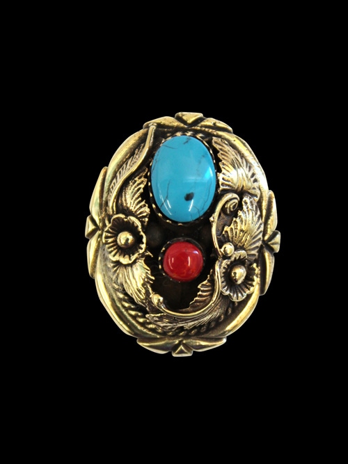 真鍮製 / コンチョ / フラワー / ブルーターコイズ / 赤サンゴ / 35×28mm [30%OFF]