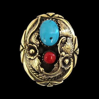 真鍮製 / コンチョ / フラワー / ブルーターコイズ / 赤サンゴ / 35×28mm [30%OFF]