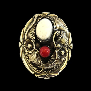 真鍮製 / コンチョ / フラワー / ホワイトバッファロー / 赤サンゴ / 35×28mm [30%OFF]