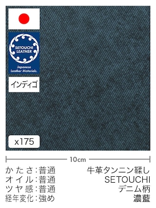 【切り革】牛革タンニン鞣し / セトウチレザー / インディゴ染め / デニム柄 (濃藍)