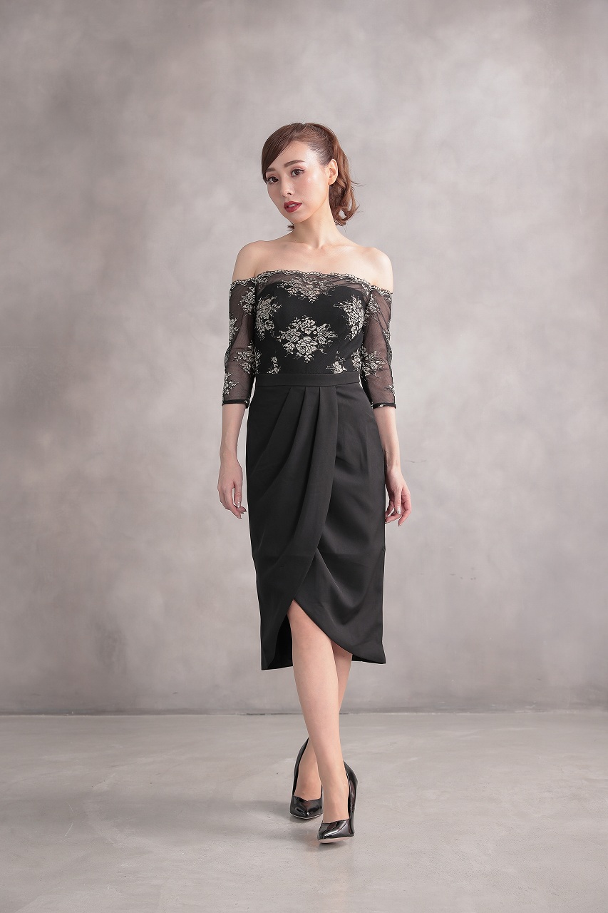 MILLY ウール黒 ワンピース PARTY ドレス チューブトップ オフショルレースチューリップドレス C52741BK |パーティー