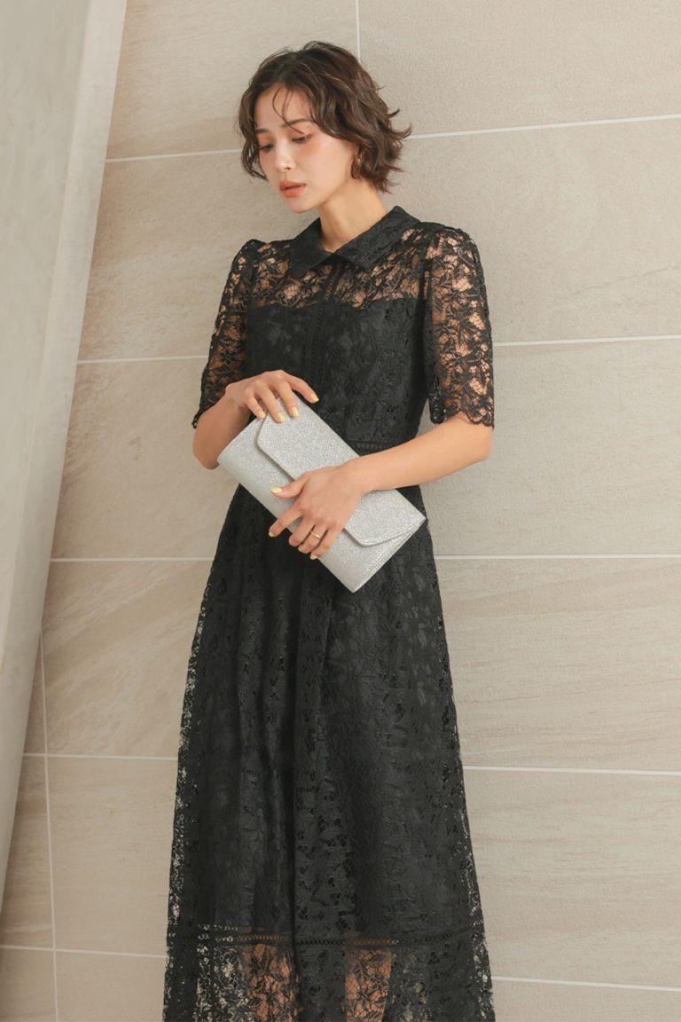 襟付きケミカルライクレースフレアドレス CF029BK ｜パーティードレス