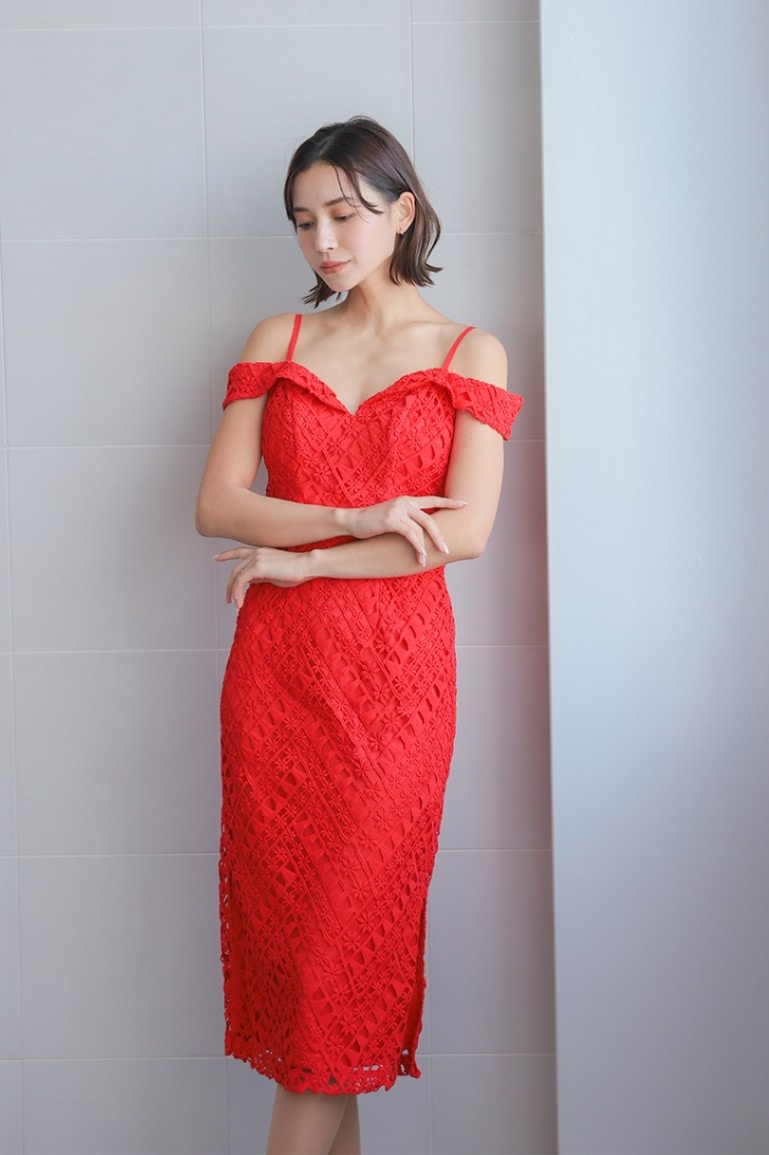 ダブルスリットクロシェレースドレス C71360RE ｜パーティードレス