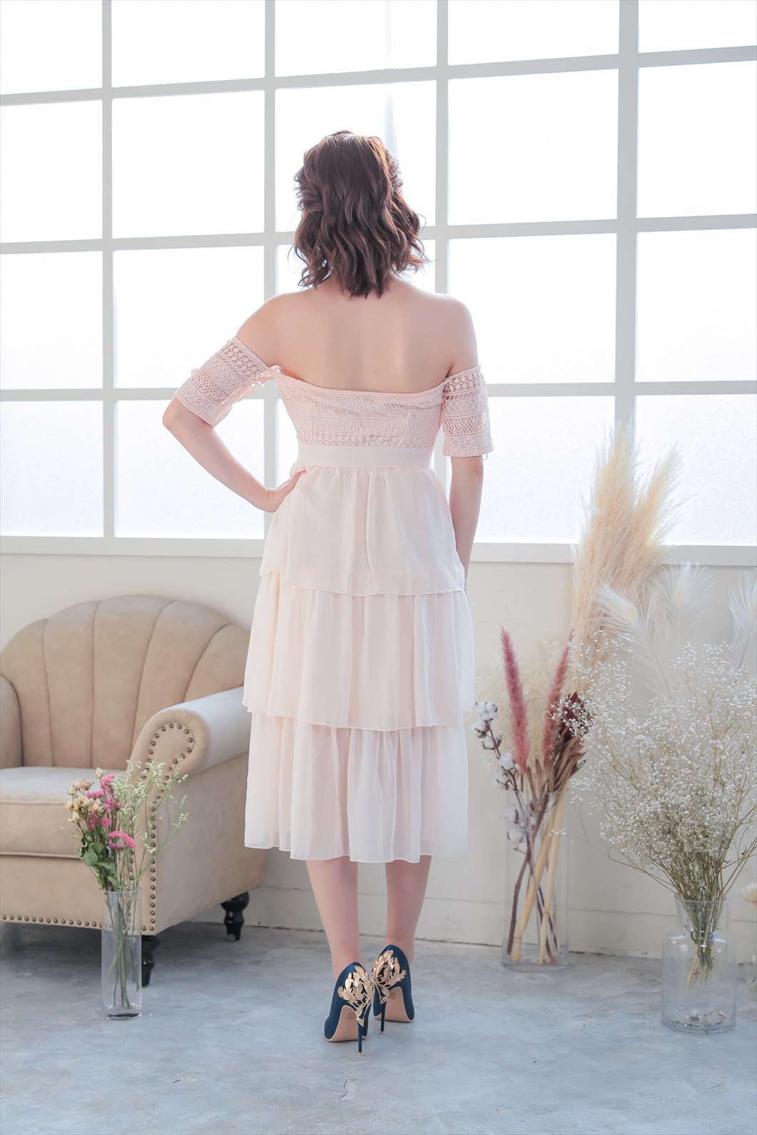 気質 シフォン レース ドレス パーティードレス S027 ドレスプラス DRESS+ レースシフォンドッキングワンピース