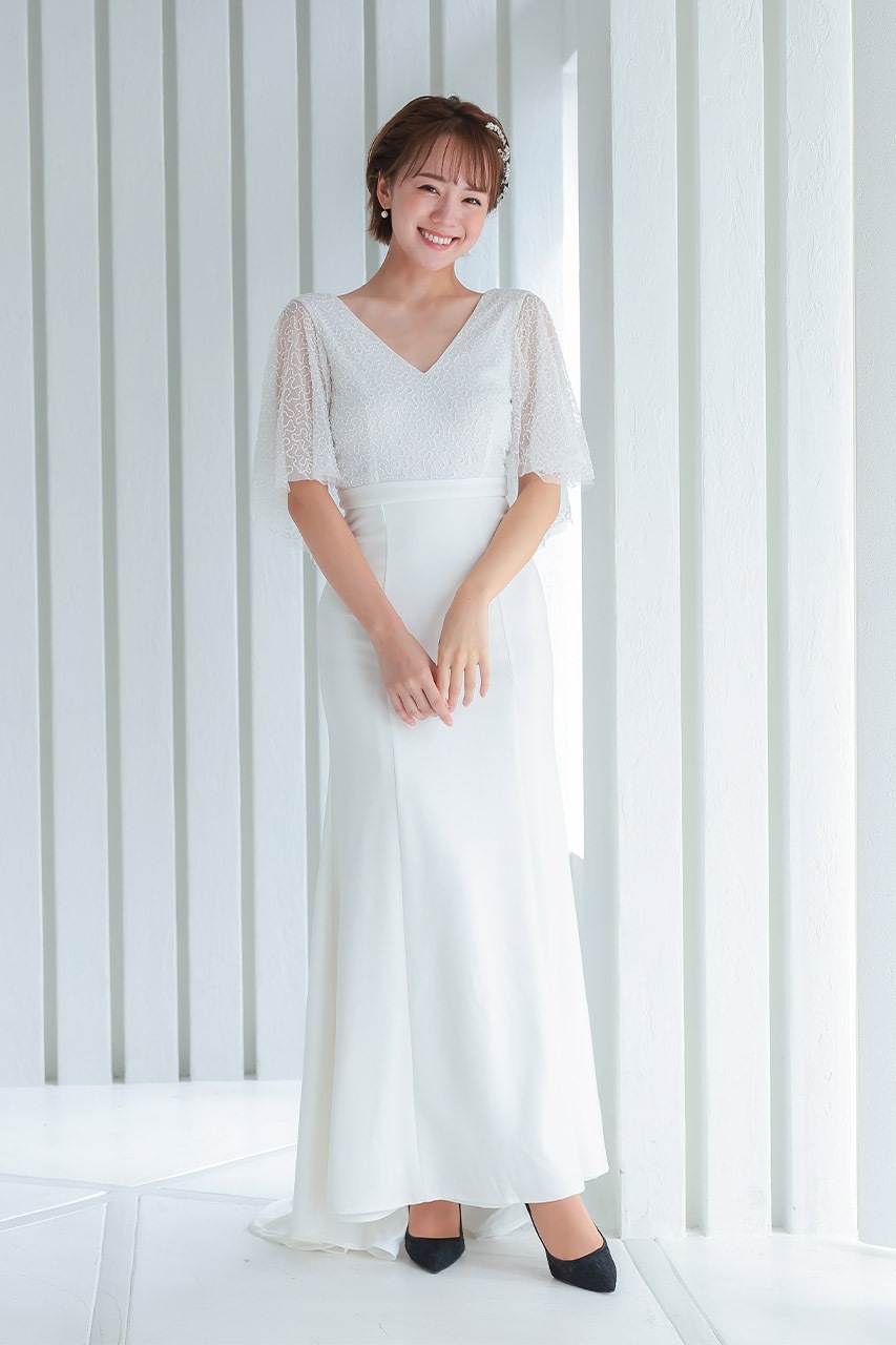 エンジェルスリーブビジューロングドレス LM18833WH ｜パーティー