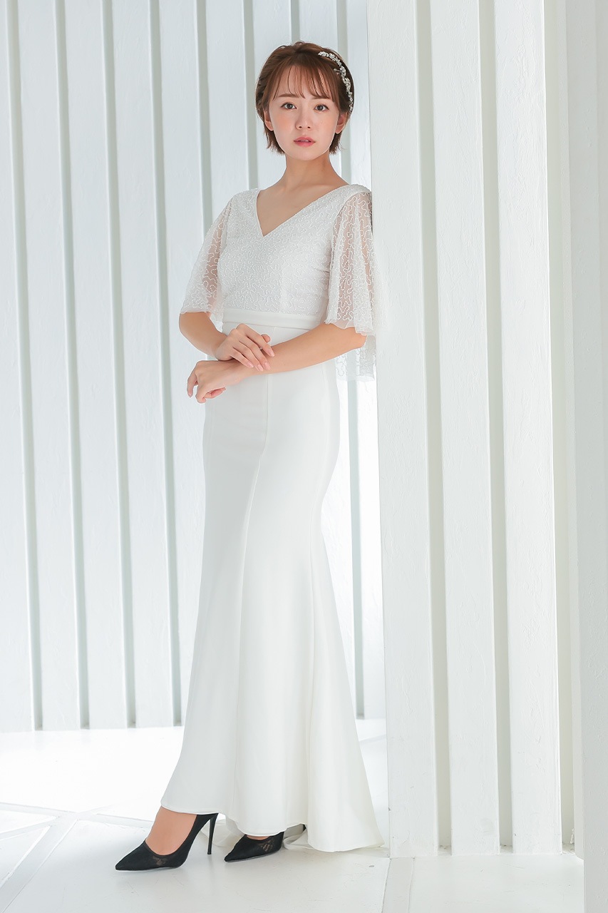 エンジェルスリーブビジューロングドレス LM18833WH ｜パーティー  