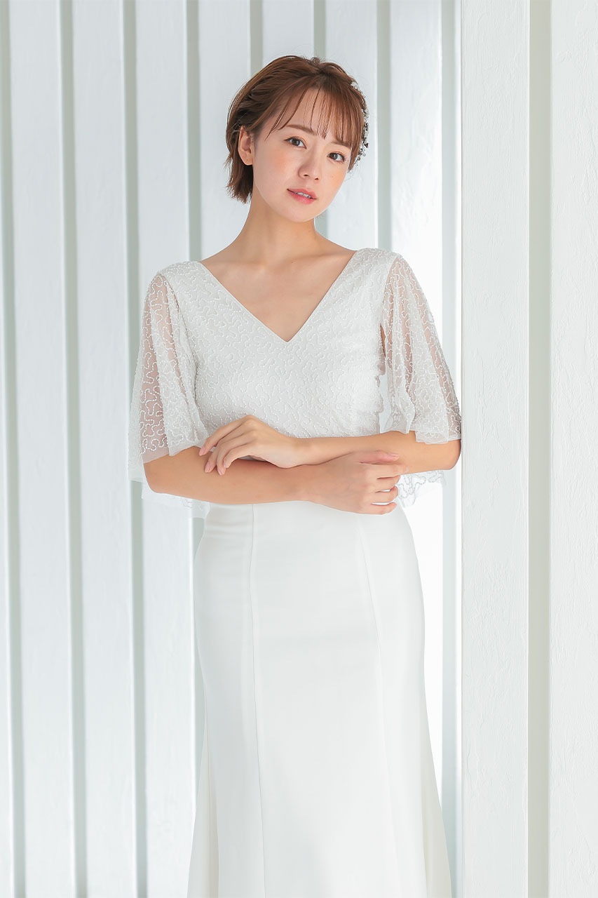 エンジェルスリーブビジューロングドレス LM18833WH ｜パーティー