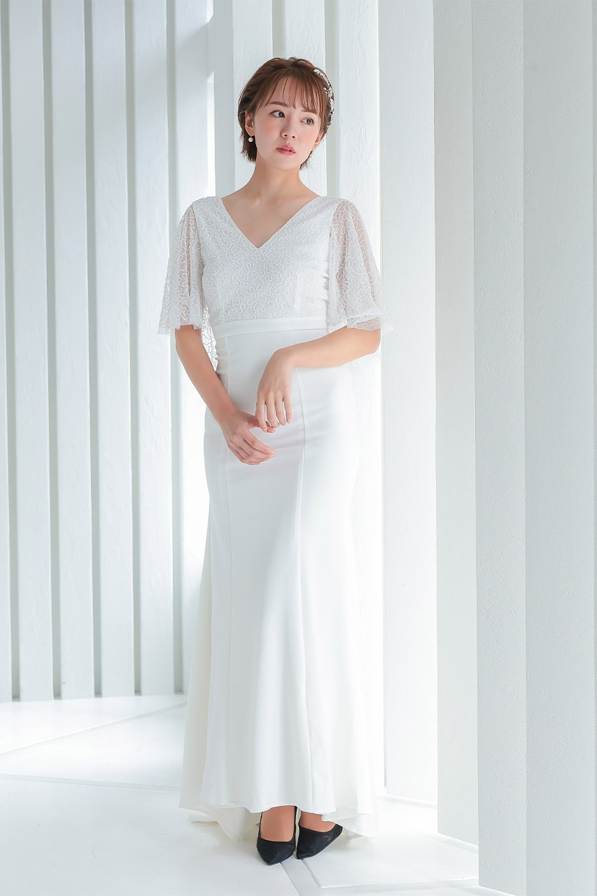 エンジェルスリーブビジューロングドレス LM18833WH ｜パーティー