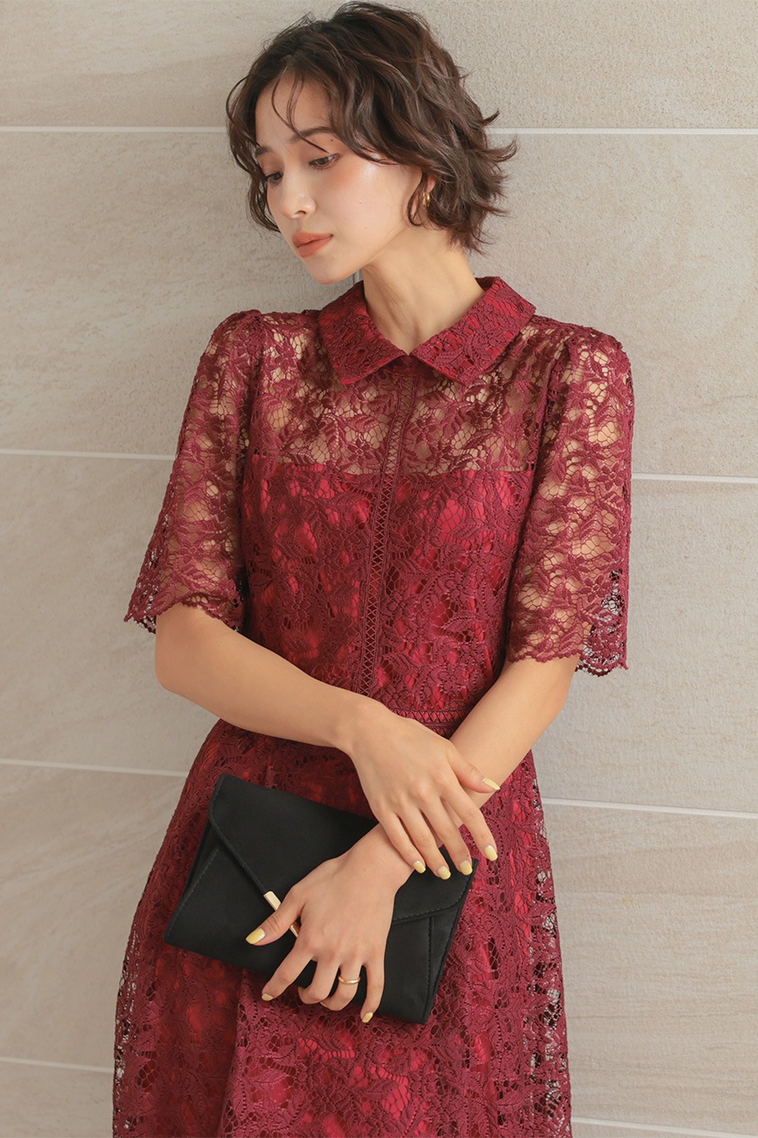 襟付きケミカルライクレースフレアドレス CF029WR ｜パーティードレス