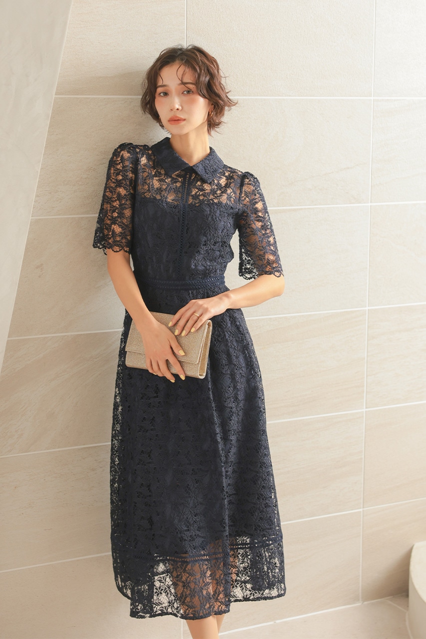 襟付きケミカルライクレースフレアドレス CF029NY ｜パーティードレス