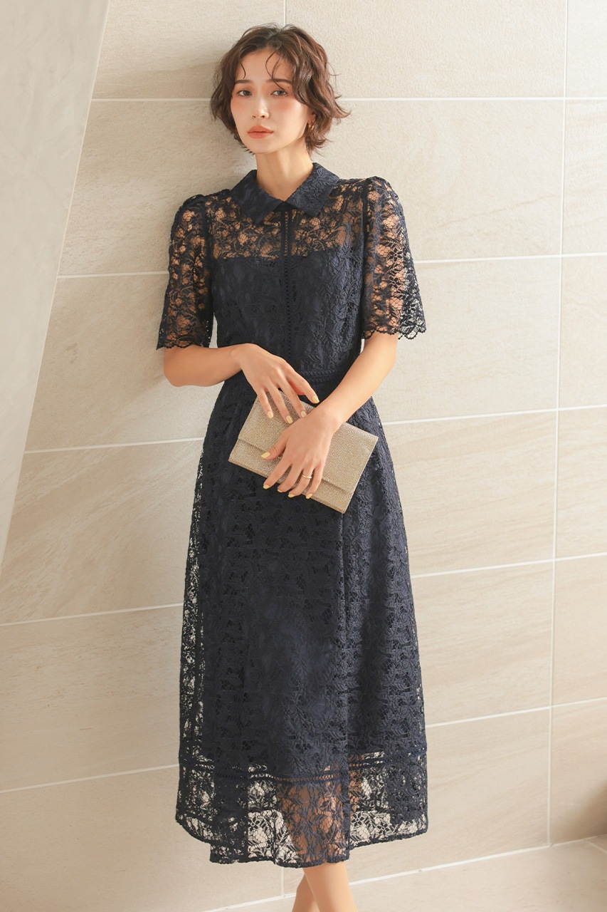 襟付きケミカルライクレースフレアドレス CF029NY ｜パーティードレス