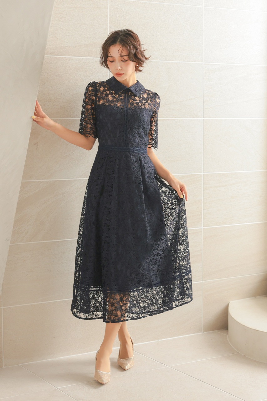襟付きケミカルライクレースフレアドレス CF029NY ｜パーティードレス