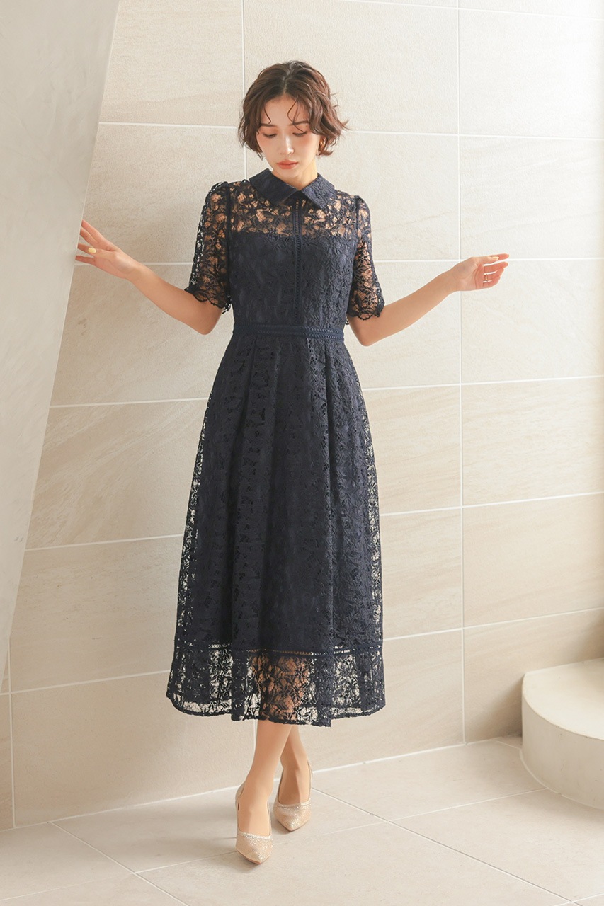 襟付きケミカルライクレースフレアドレス CF029NY ｜パーティードレス