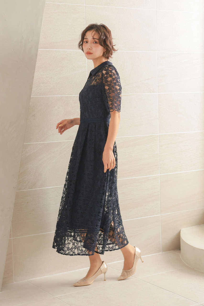 襟付きケミカルライクレースフレアドレス CF029NY ｜パーティードレス