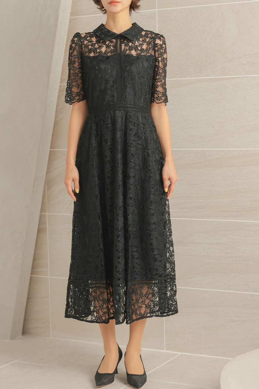 襟付きケミカルライクレースフレアドレス CF029BK ｜パーティードレス