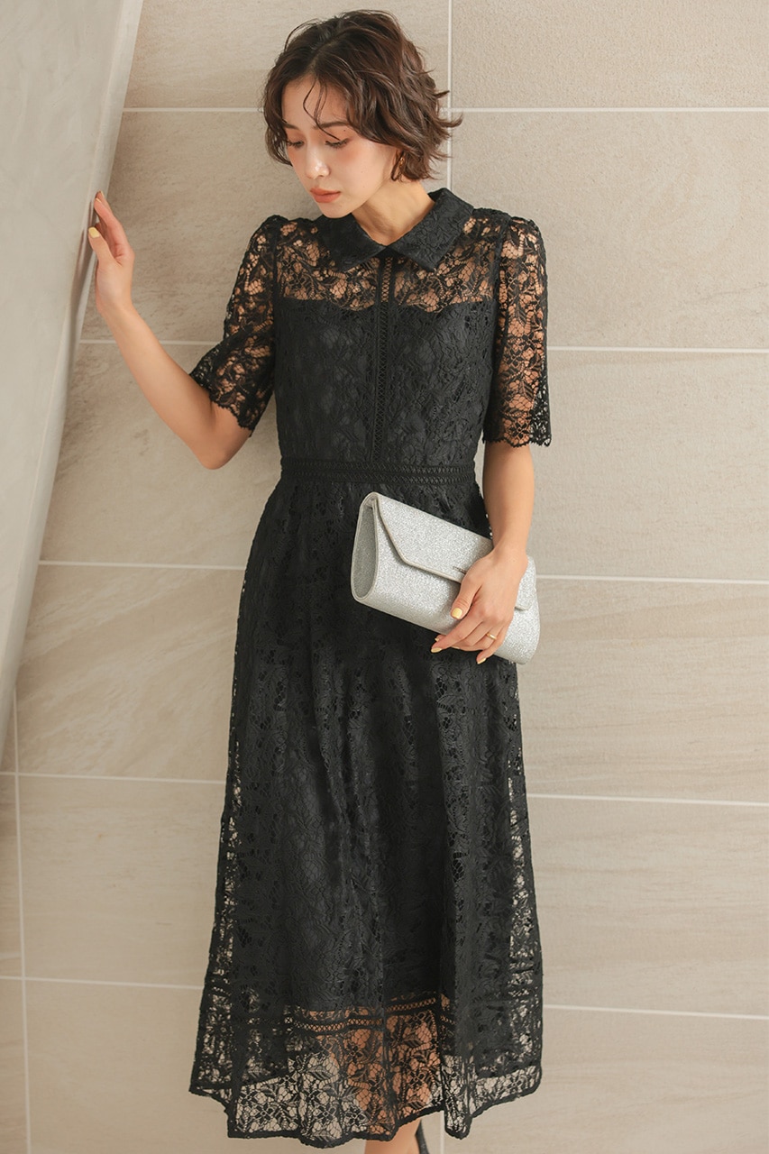 襟付きケミカルライクレースフレアドレス CF029BK ｜パーティードレス