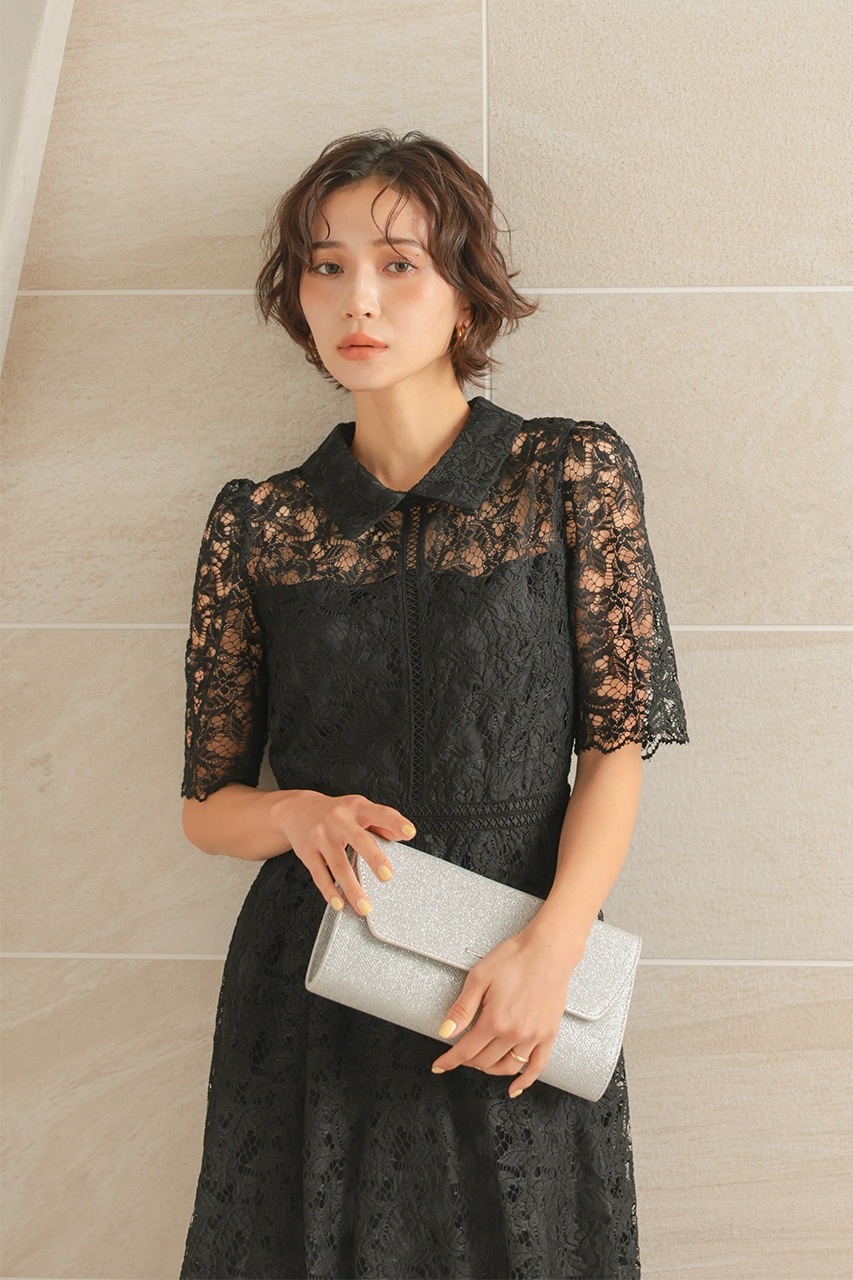 襟付きケミカルライクレースフレアドレス CF029BK ｜パーティードレス