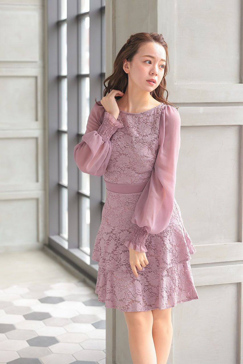 リリーブラウン シフォンスカートドレス ワンピース パステルピンクグリーン紫水色 Lace Ladies パーティードレス レース シフォン プリーツ