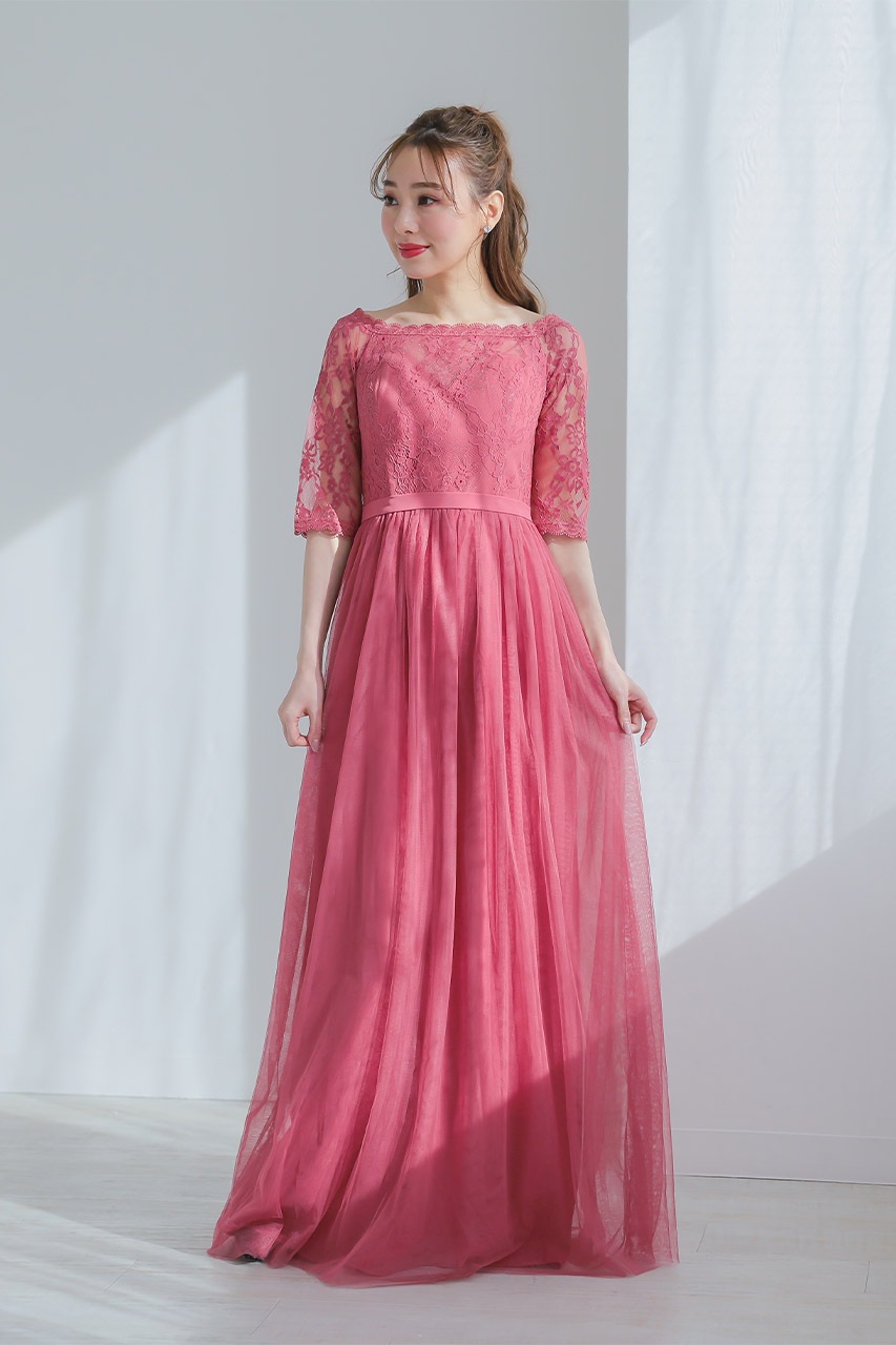 ラメレースオフショルチュールロングドレス LM14531PK ｜パーティー  
