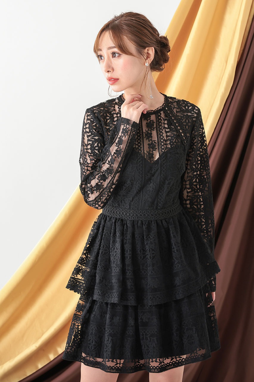 海外希少【VALENTINO】エンブロイダリー コットンポプリンドレス エンブロイダリーティアードドレス L49284BK |パーティードレス