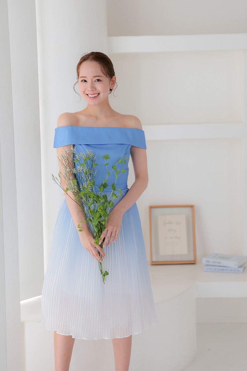Rire Fete セットアップグラデーションシースルー ロングパンツドレス グラデーションオフショルプリーツドレス C80297BL |パーティー