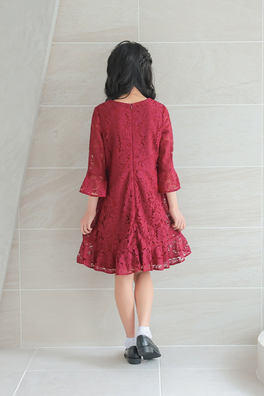 赤いフレアスリーブドレス ROBE de FLEURS/ローブドフルール】立体フラワー/ パール