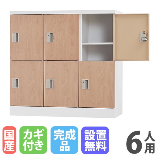 ロッカー 6人用 浅型 シリンダー錠 木目 GLK-S6S-NT