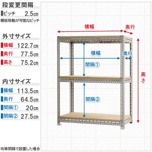 スチールラック 幅120×奥行75×高さ75cm 3段 300kg/段 ボード棚
