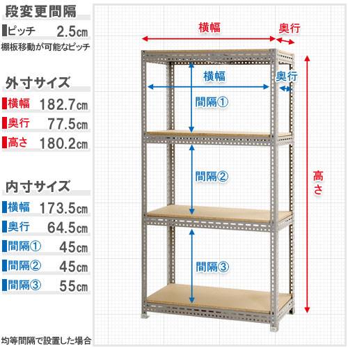 スチールラック 幅180×奥行75×高さ180cm 4段 200kg/段 ボード棚 BOARD