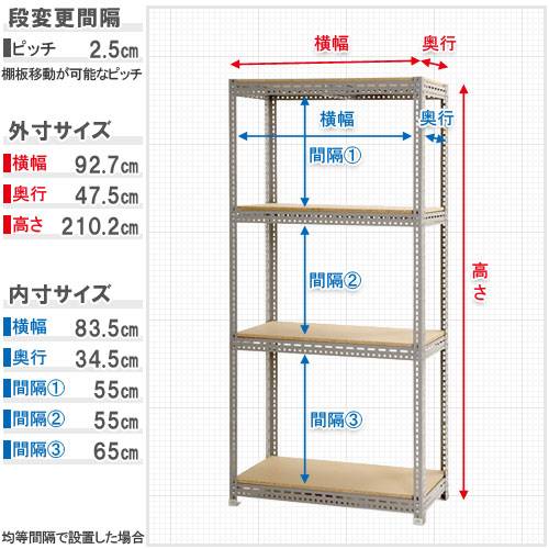 スチールラック 幅90×奥行45×高さ210cm 4段 350kg/段 ボード棚 BOARD