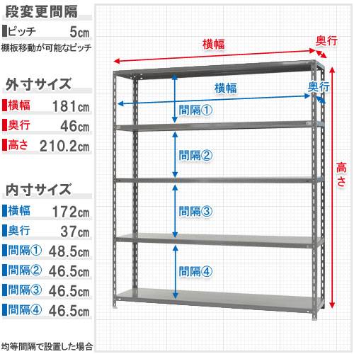 スチールラック 幅180×奥行45×高さ210cm 5段 150kg/段 物品棚 RR-4-21