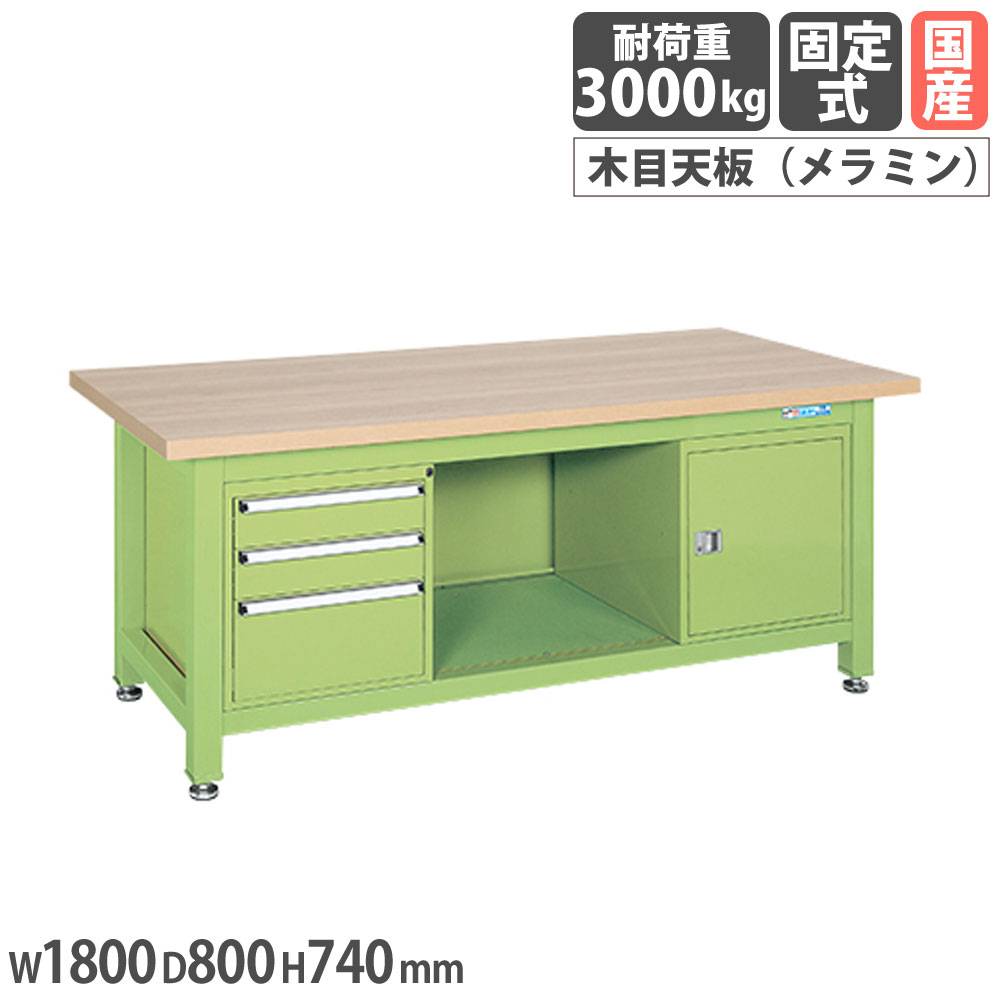 超重量作業台 サカエ Wタイプ 3段キャビネット2個付 メラミン木目天板