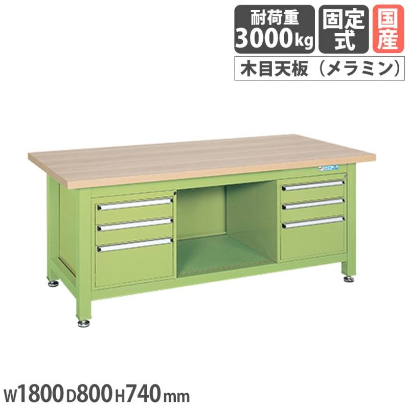 超重量作業台 サカエ Wタイプ 3段キャビネット2個付 メラミン木目天板