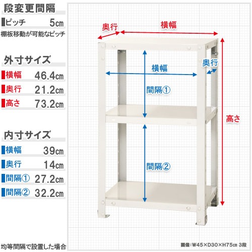 スチールラック 幅45×奥行20×高さ75cm 3段 40kg/段 軽量ラック NSTR