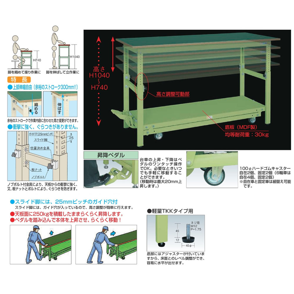 軽量高さ調整作業台 サカエ TKKタイプ ペダル昇降移動式 サカエ