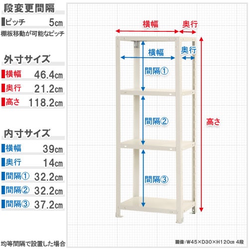 スチールラック 幅45×奥行20×高さ120cm 4段 40kg/段 軽量ラック NSTR