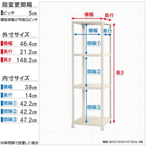 スチールラック 幅45×奥行20×高さ150cm 4段 40kg/段 軽量ラック NSTR