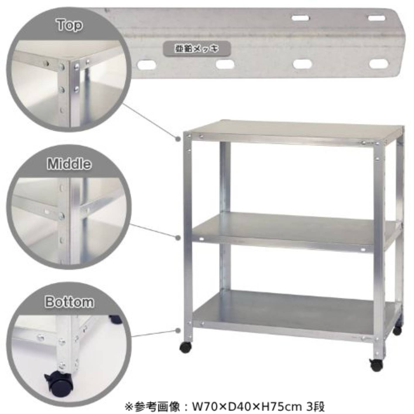 スチールラック 幅70×奥行40×高さ78.5cm 3段 80kg/全 キャスター付き