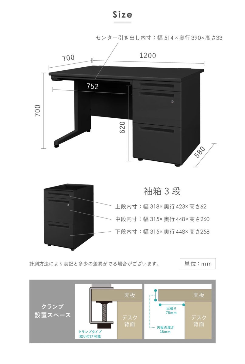 オフィスデスク ブラック 片袖机 幅1200×奥行700mm ワークデスク LKD