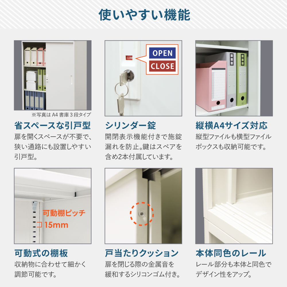 倉庫受取限定】 引戸書庫 2段 幅880×奥行400×高さ750mm 鍵付き