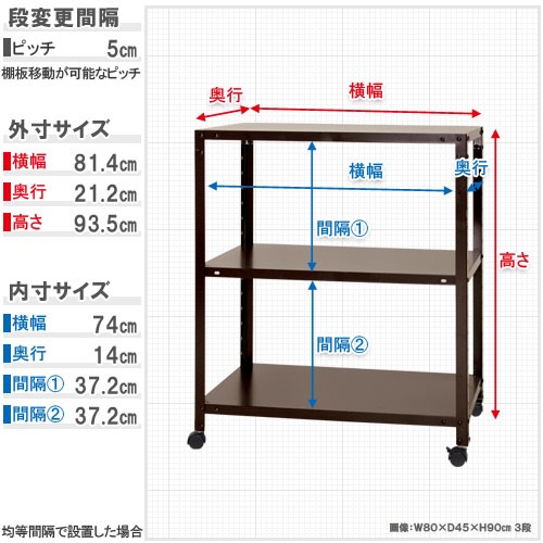 スチールラック 幅80×奥行20×高さ93.5cm 3段 80kg/全 キャスター付き
